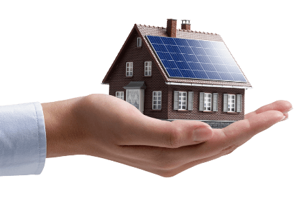 Illustration of a hand holding a small house with solar panels, representing our commitment to sustainability.